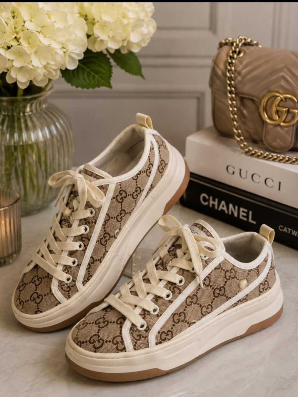 Beige GG Canvas Low-Top Sneakers with Cream Accents